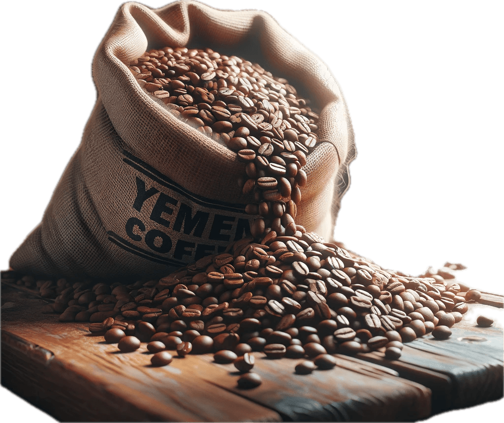 a bag of yemeni coffee beans tipped over pouring onto a wooden table top